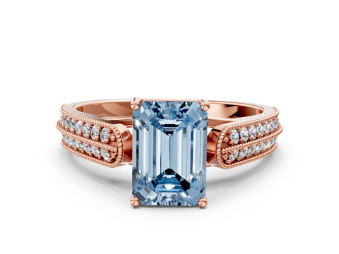 Rose gold Fancy Blue Emerald Cut Cut Pave Split Shank Engagement Ring with Four-Prong Setting