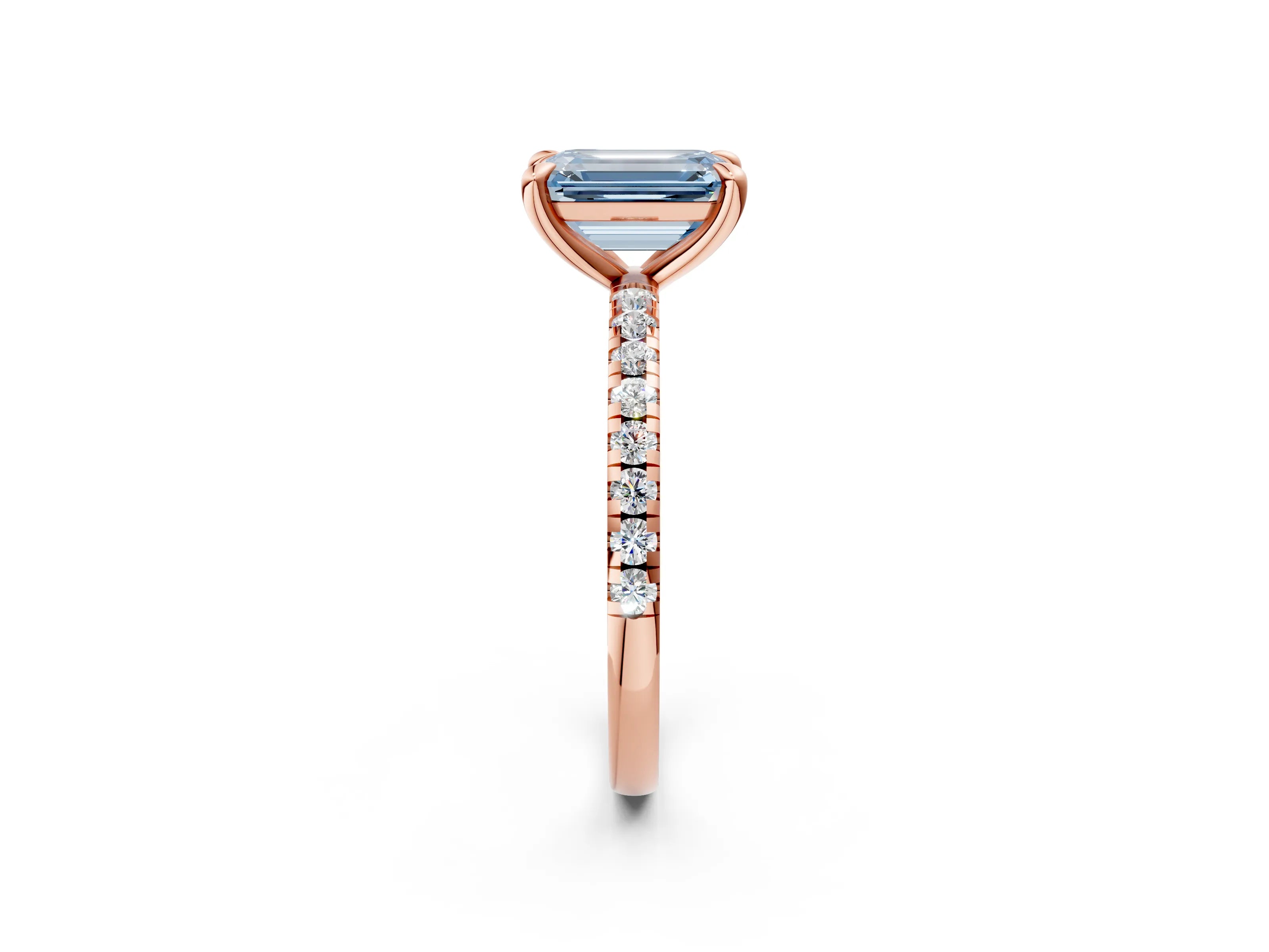 Rose gold Fancy Blue Emerald Cut Diamond Brilliant Solitaire Ring with Pavé Band and Four-Prong Setting_2