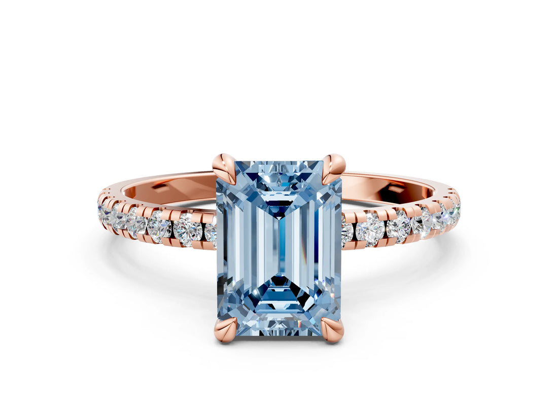 Rose gold Fancy Blue Emerald Cut Diamond Brilliant Solitaire Ring with Pavé Band and Four-Prong Setting_24