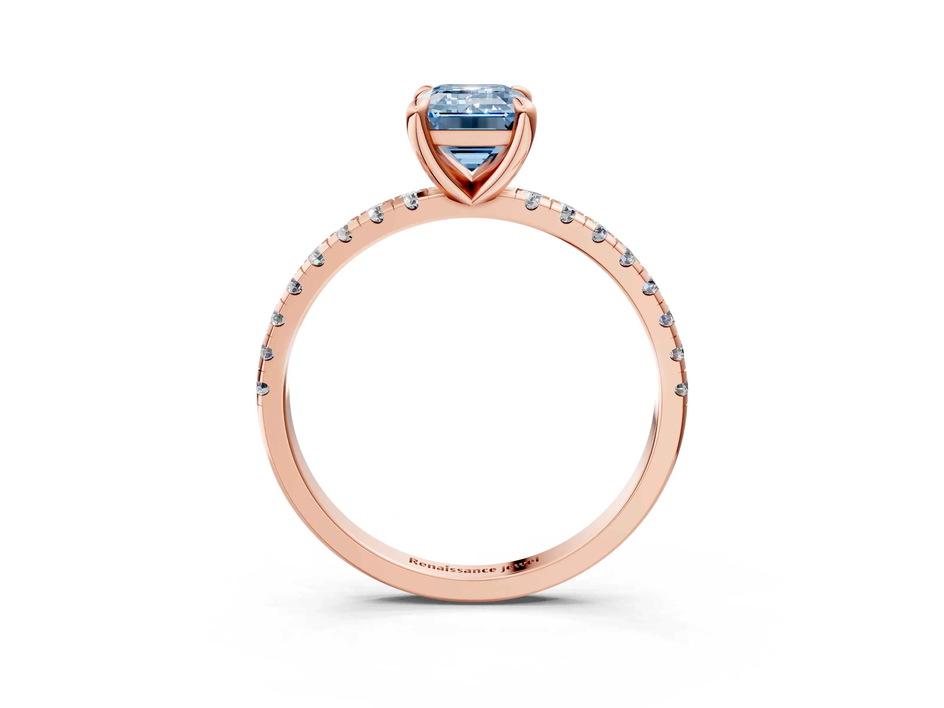 Rose gold Fancy Blue Emerald Cut Diamond Brilliant Solitaire Ring with Pavé Band and Four-Prong Setting_3