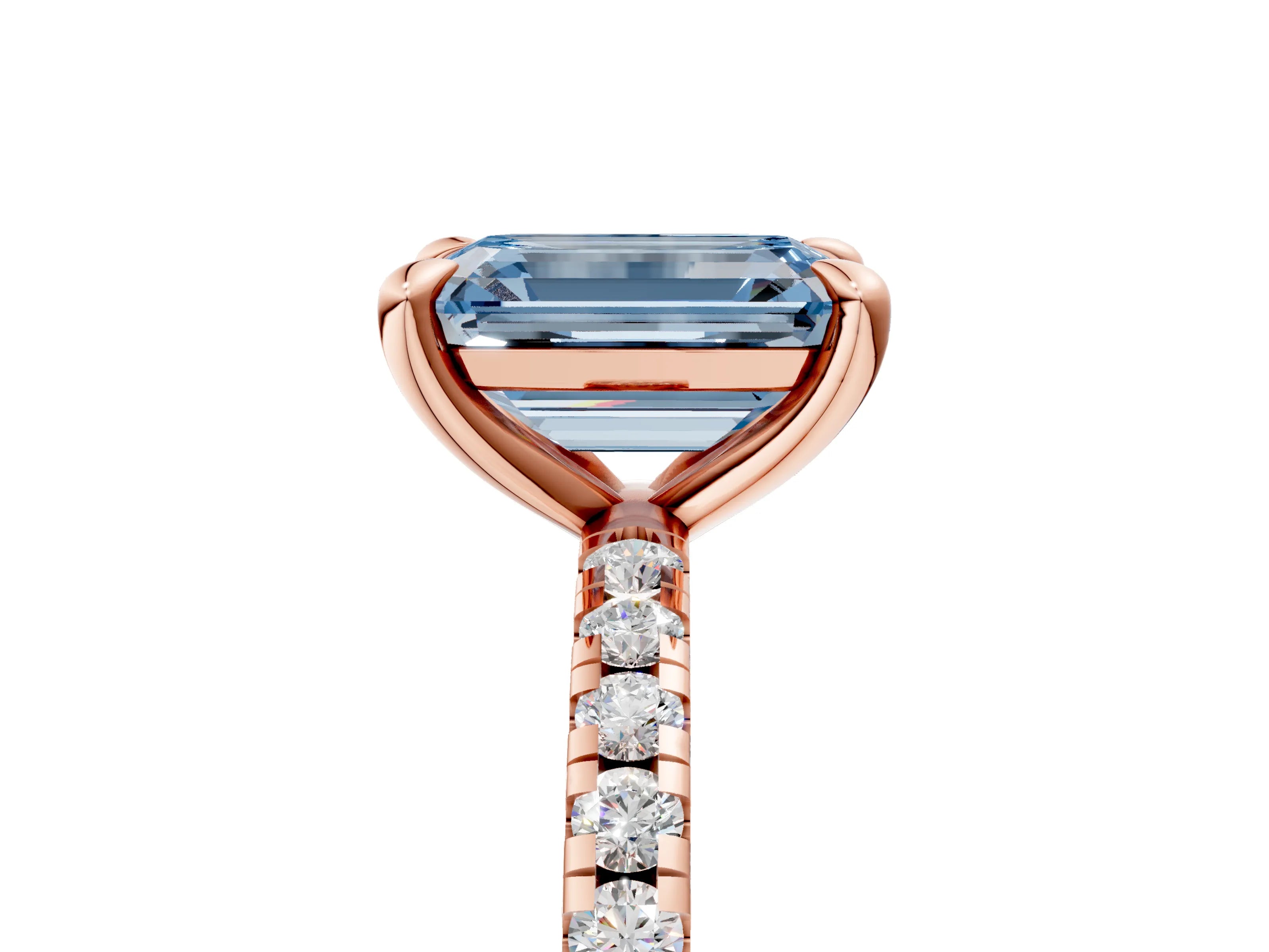 Rose gold Fancy Blue Emerald Cut Diamond Brilliant Solitaire Ring with Pavé Band and Four-Prong Setting_5