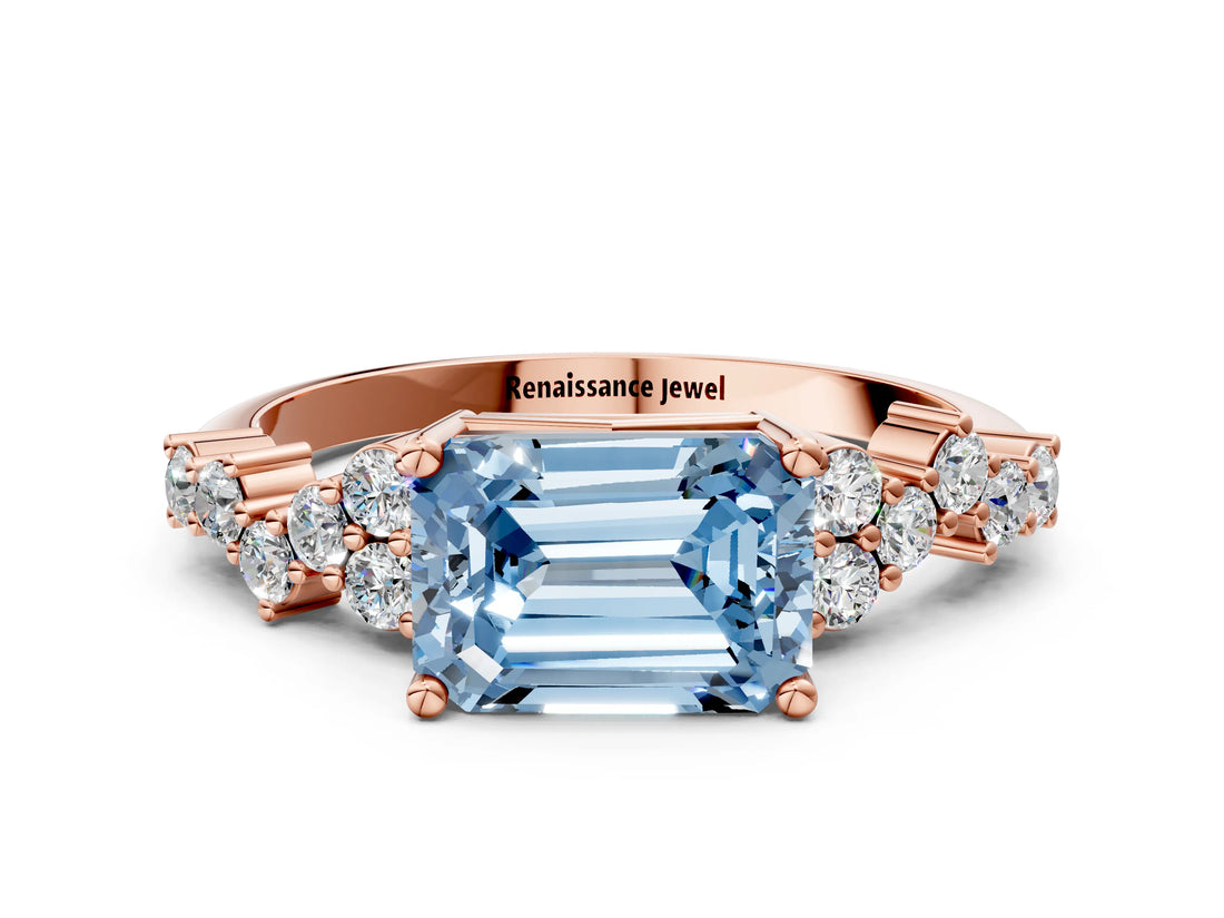 Rose gold Fancy Blue Emerald Cut Diamond Cluster Pavé Band with Four-Prong Setting_12