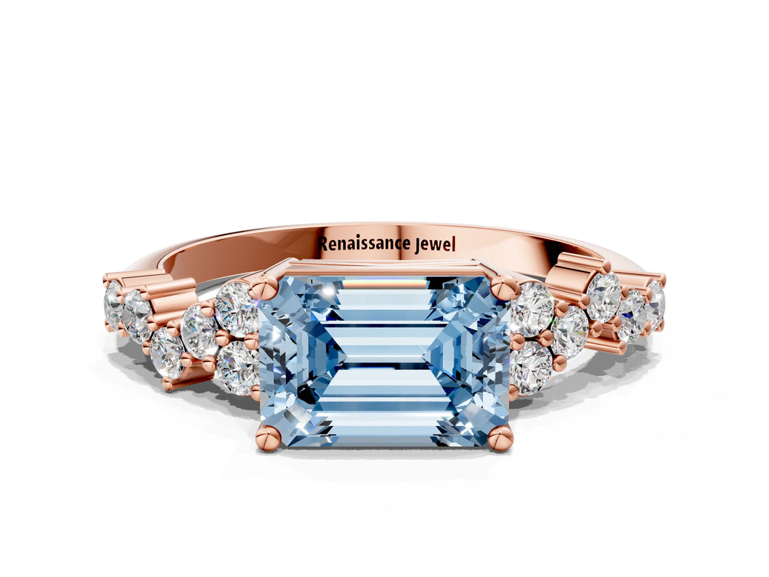 Rose gold Fancy Blue Emerald Cut Diamond Cluster Pavé Band with Four-Prong Setting_3