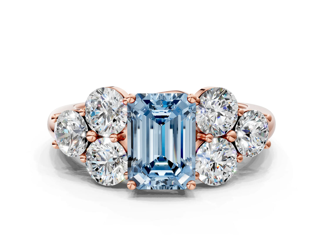 Rose gold Fancy Blue Emerald  Cut Diamond Cluster Ring with Round Accent Stones and Prong Setting on a Classic Band_47