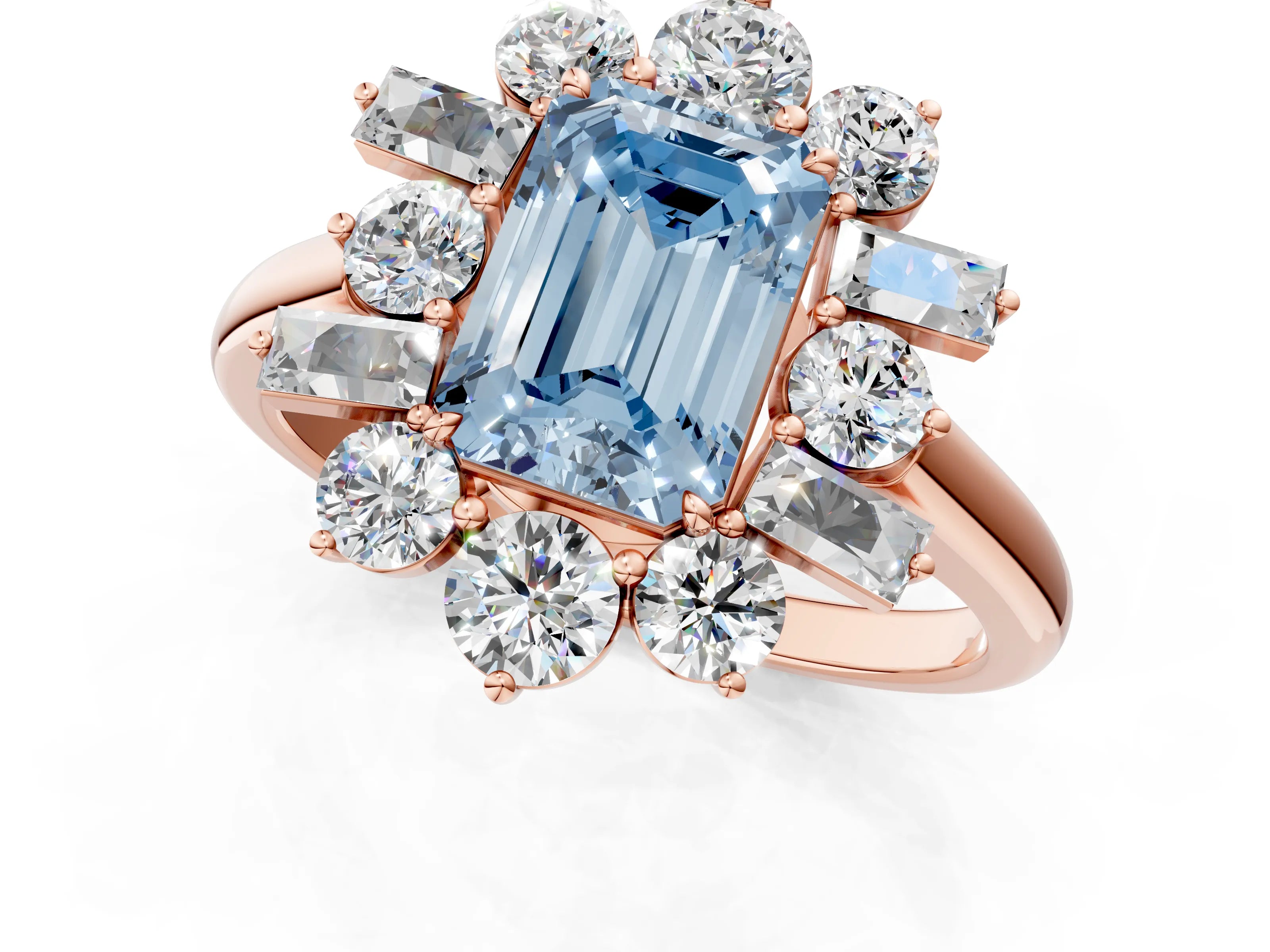 Rose gold Fancy Blue Emerald Cut Diamond Cluster Ring with Round and Baguette Stones, Split Shank Band, Prong Setting_1