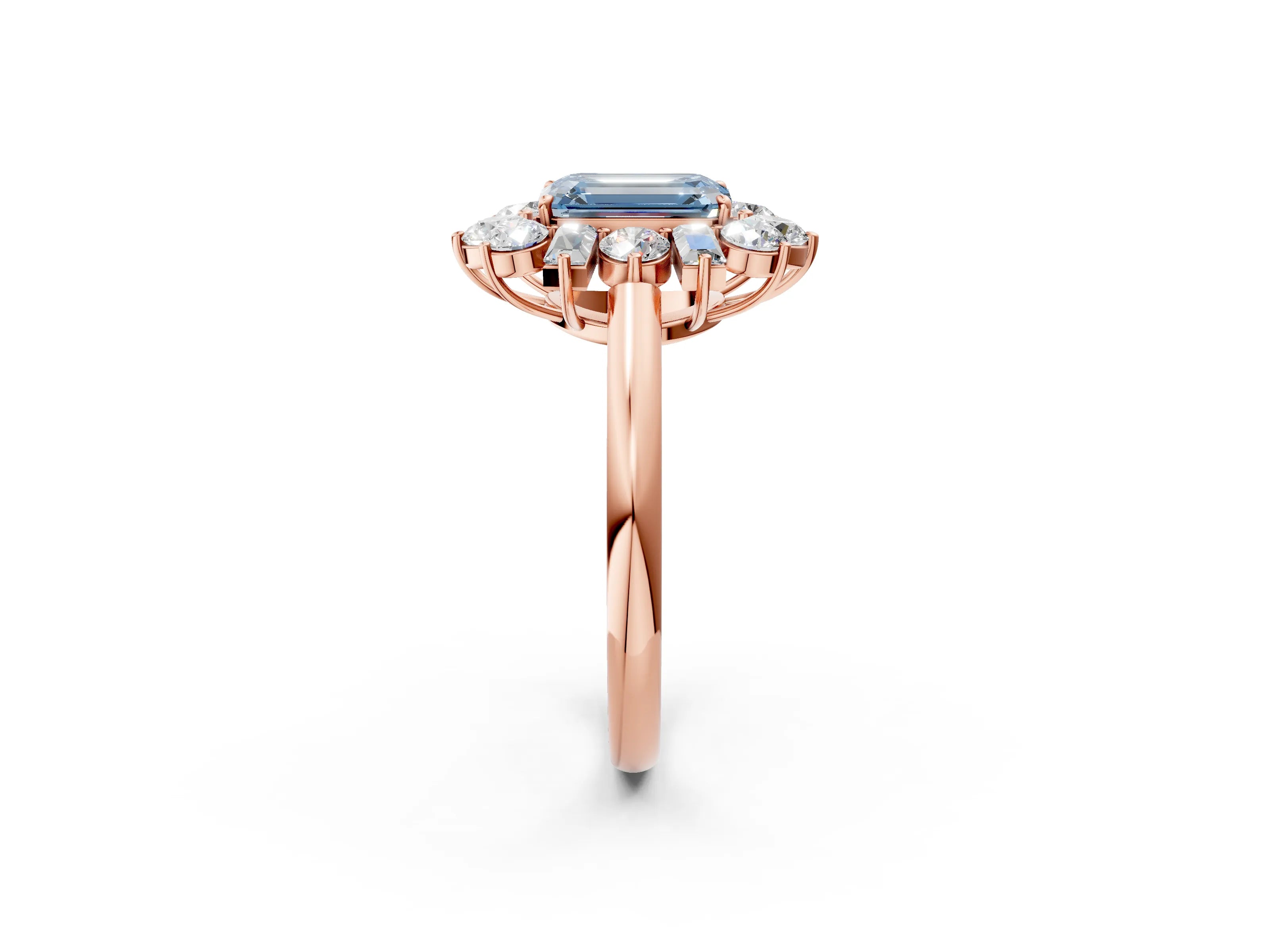 Rose gold Fancy Blue Emerald Cut Diamond Cluster Ring with Round and Baguette Stones, Split Shank Band, Prong Setting_2
