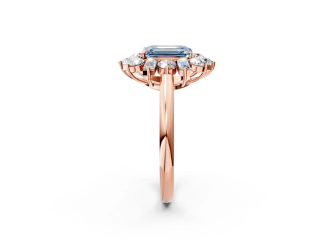 Rose gold Fancy Blue Emerald Cut Diamond Cluster Ring with Round and Baguette Stones, Split Shank Band, Prong Setting_2