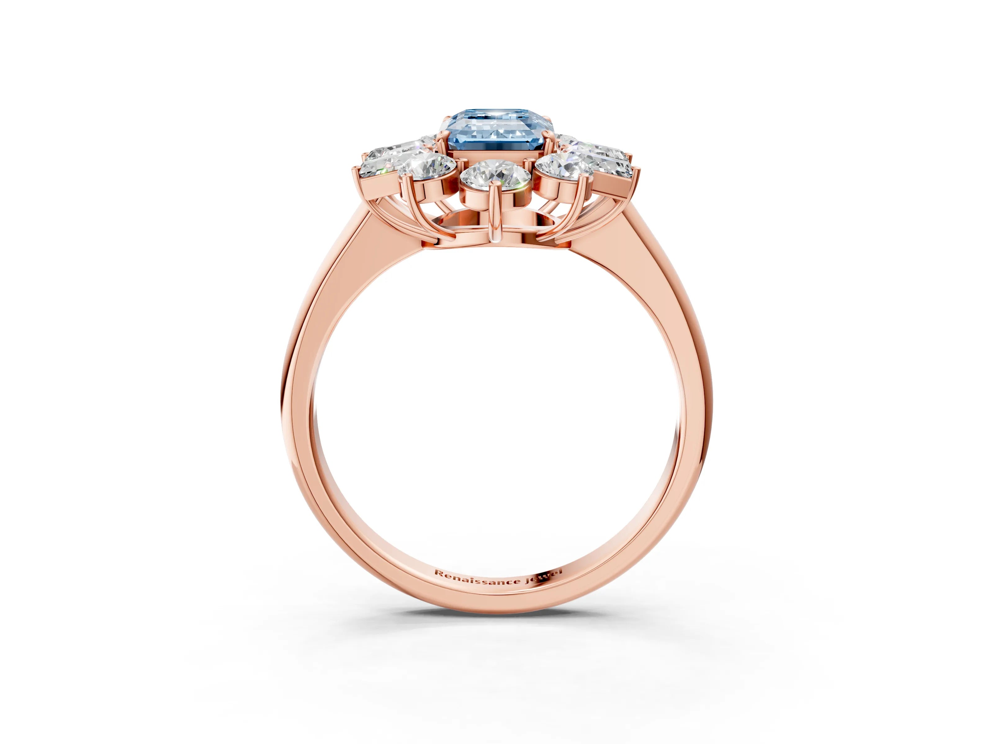 Rose gold Fancy Blue Emerald Cut Diamond Cluster Ring with Round and Baguette Stones, Split Shank Band, Prong Setting_3