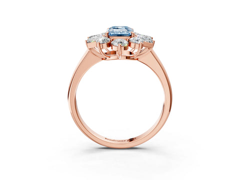 Rose gold Fancy Blue Emerald Cut Diamond Cluster Ring with Round and Baguette Stones, Split Shank Band, Prong Setting_3