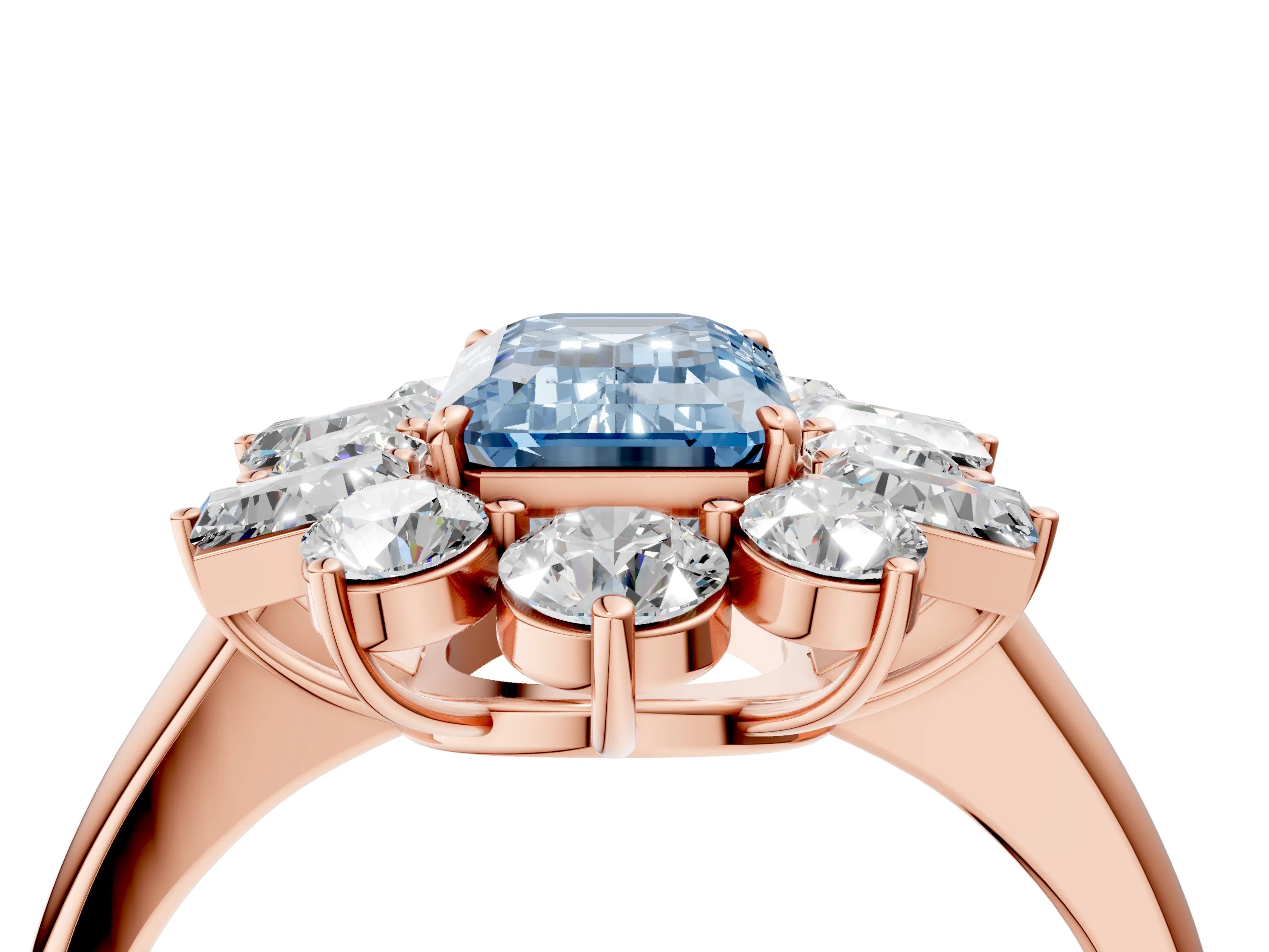 Rose gold Fancy Blue Emerald Cut Diamond Cluster Ring with Round and Baguette Stones, Split Shank Band, Prong Setting_4