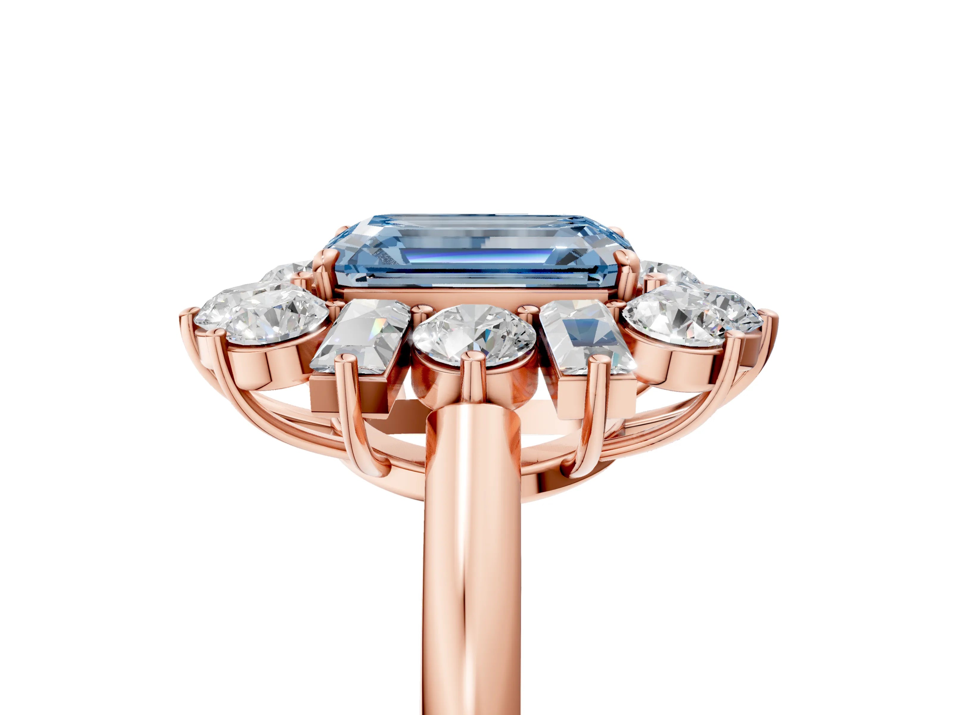 Rose gold Fancy Blue Emerald Cut Diamond Cluster Ring with Round and Baguette Stones, Split Shank Band, Prong Setting_5