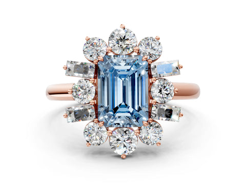 Rose gold Fancy Blue Emerald Cut Diamond Cluster Ring with Round and Baguette Stones, Split Shank Band, Prong Setting