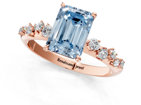Rose Gold Emerald Cut Graduated Cluster Engagement Ring Setting for Fancy Blue Center