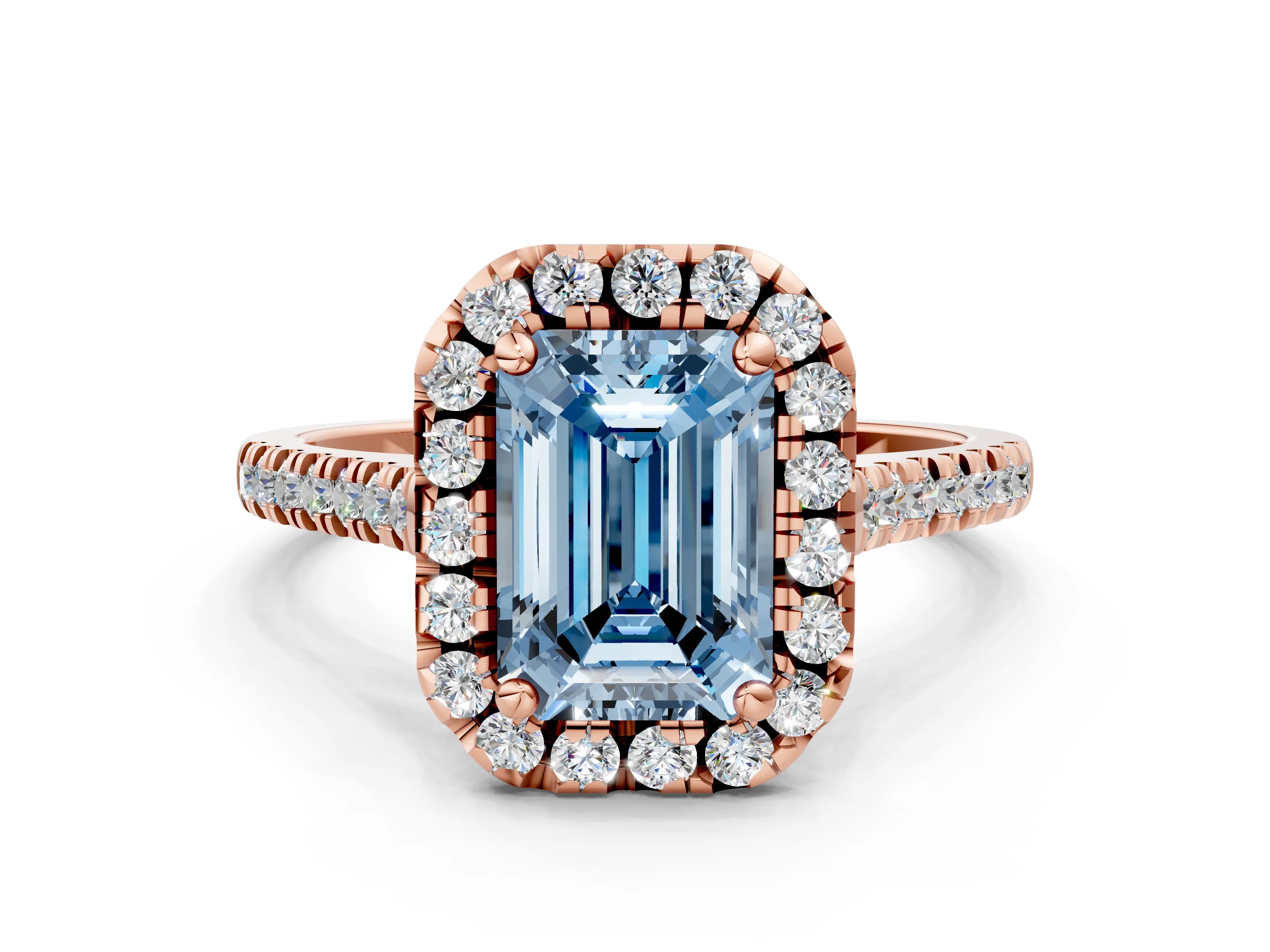 Rose gold Fancy Blue Emerald Cut Diamond Cushion Halo Ring with Pavé Band