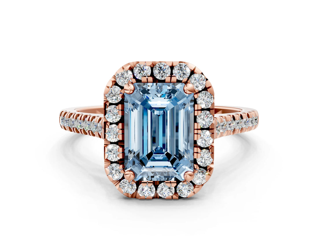 Rose gold Fancy Blue Emerald Cut Diamond Cushion Halo Ring with Pavé Band