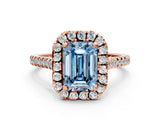 Rose gold Fancy Blue Emerald Cut Diamond Cushion Halo Ring with Pavé Band