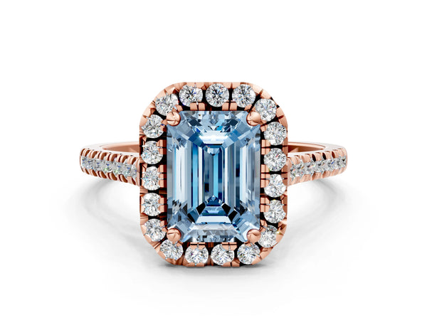 Rose Gold Emerald Cut Contoured Halo Pave Engagement Ring Setting for Fancy Blue Center