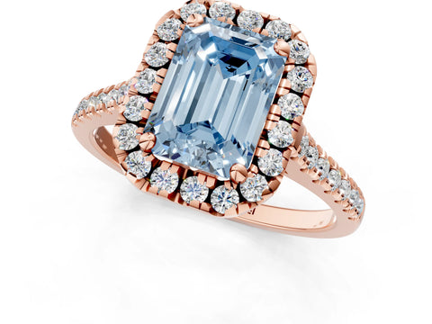 Rose gold Fancy Blue Emerald Cut Diamond Cushion Halo Ring with Pavé Band_1