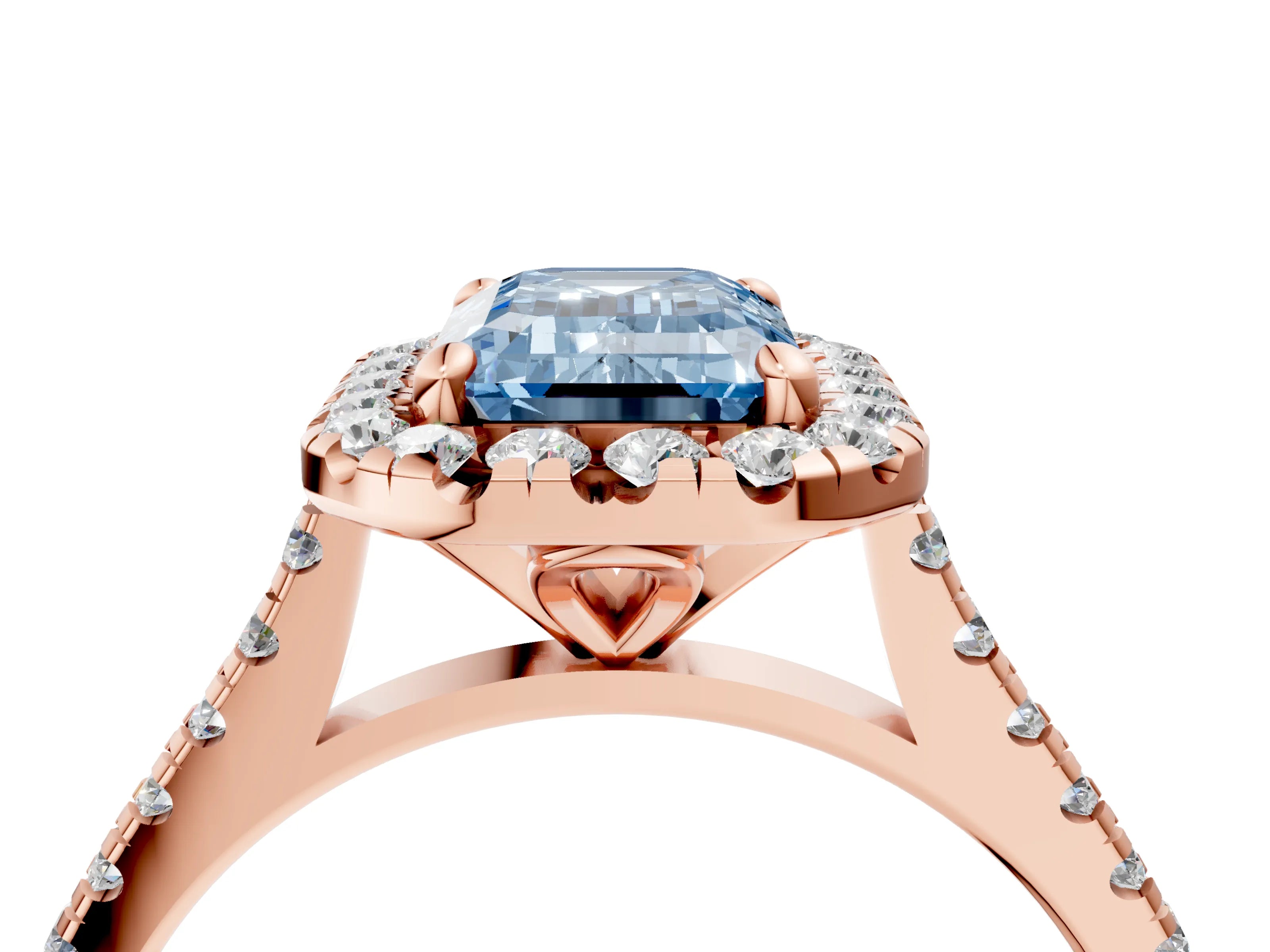 Rose gold Fancy Blue Emerald Cut Diamond Cushion Halo Ring with Pavé Band_4
