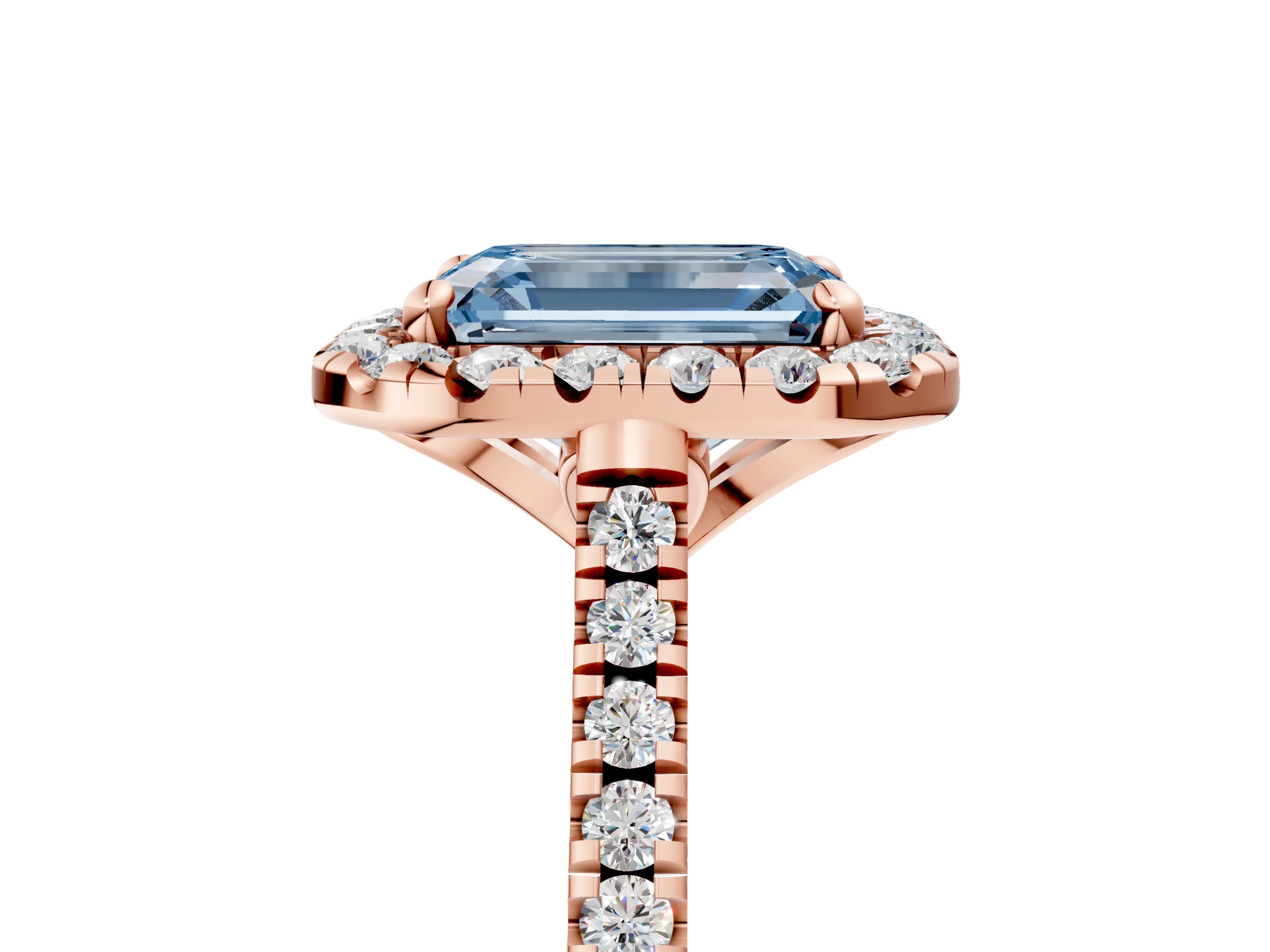 Rose gold Fancy Blue Emerald Cut Diamond Cushion Halo Ring with Pavé Band_5