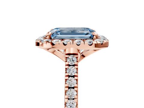 Rose gold Fancy Blue Emerald Cut Diamond Cushion Halo Ring with Pavé Band_5