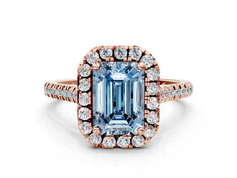 Rose gold Fancy Blue Emerald Cut Diamond Cushion Halo Ring with Pavé Band
