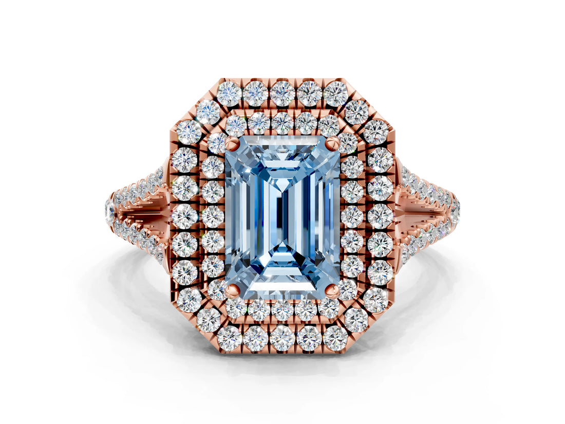 Rose gold Fancy Blue Emerald Cut Diamond Double Halo Ring with Pavé Band and Prong Setting_72