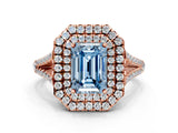 Rose gold Fancy Blue Emerald Cut Diamond Double Halo Ring with Pavé Band and Prong Setting_72