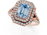 Rose gold Fancy Blue Emerald Cut Diamond Double Halo Ring with Pavé Band and Prong Setting_73