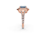 Rose gold Fancy Blue Emerald Cut Diamond Double Halo Ring with Pavé Band and Prong Setting_74