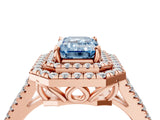 Rose gold Fancy Blue Emerald Cut Diamond Double Halo Ring with Pavé Band and Prong Setting_76