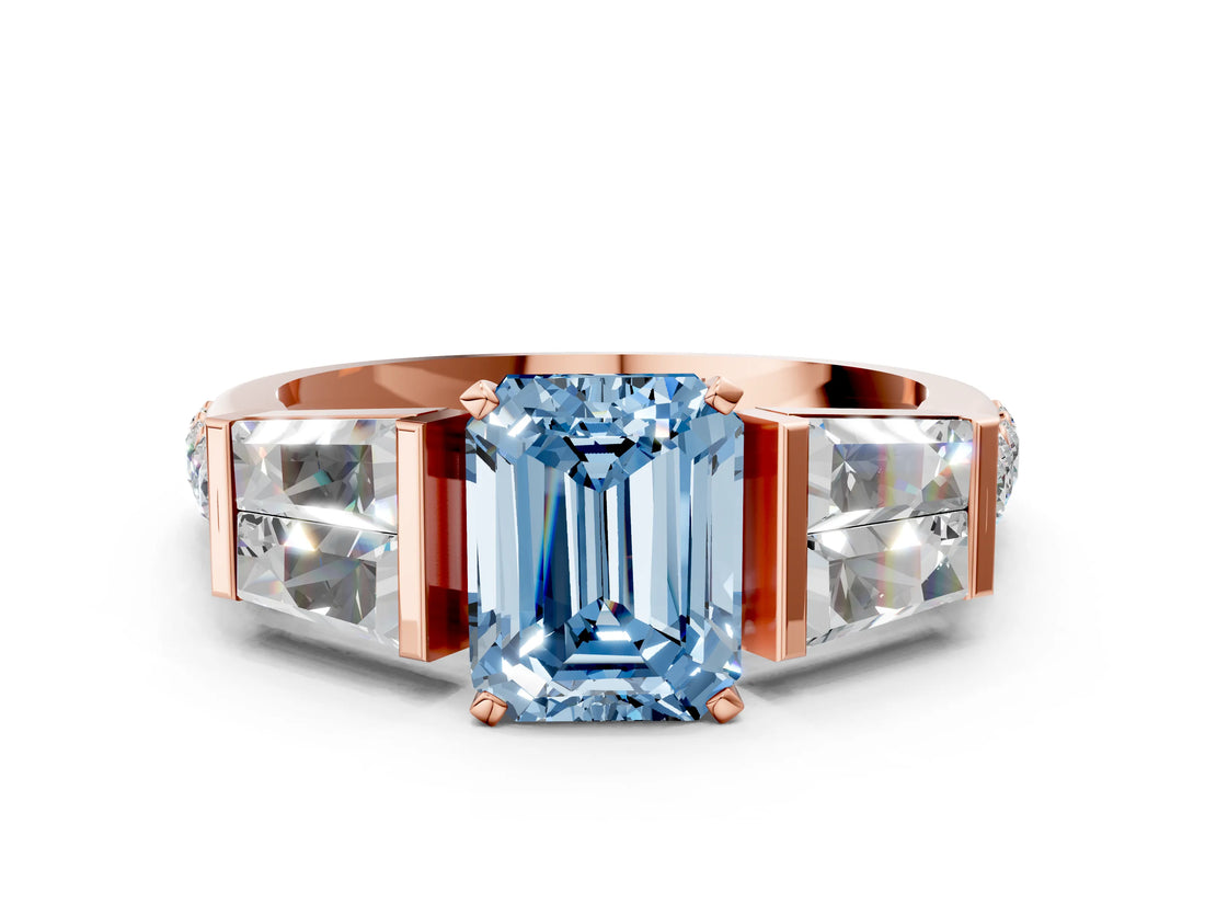 Rose gold Fancy Blue Emerald Cut Diamond Engagement Ring with Baguette Side Stones and Channel Set Band_20