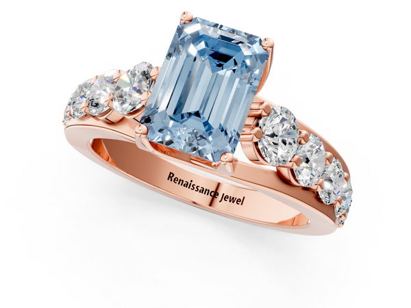 Rose gold Fancy Blue Emerald Cut Diamond Engagement Ring with Pavé Band and Four-Prong Setting