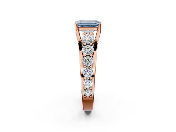 Rose gold Fancy Blue Emerald Cut Diamond Engagement Ring with Pavé Band and Four-Prong Setting