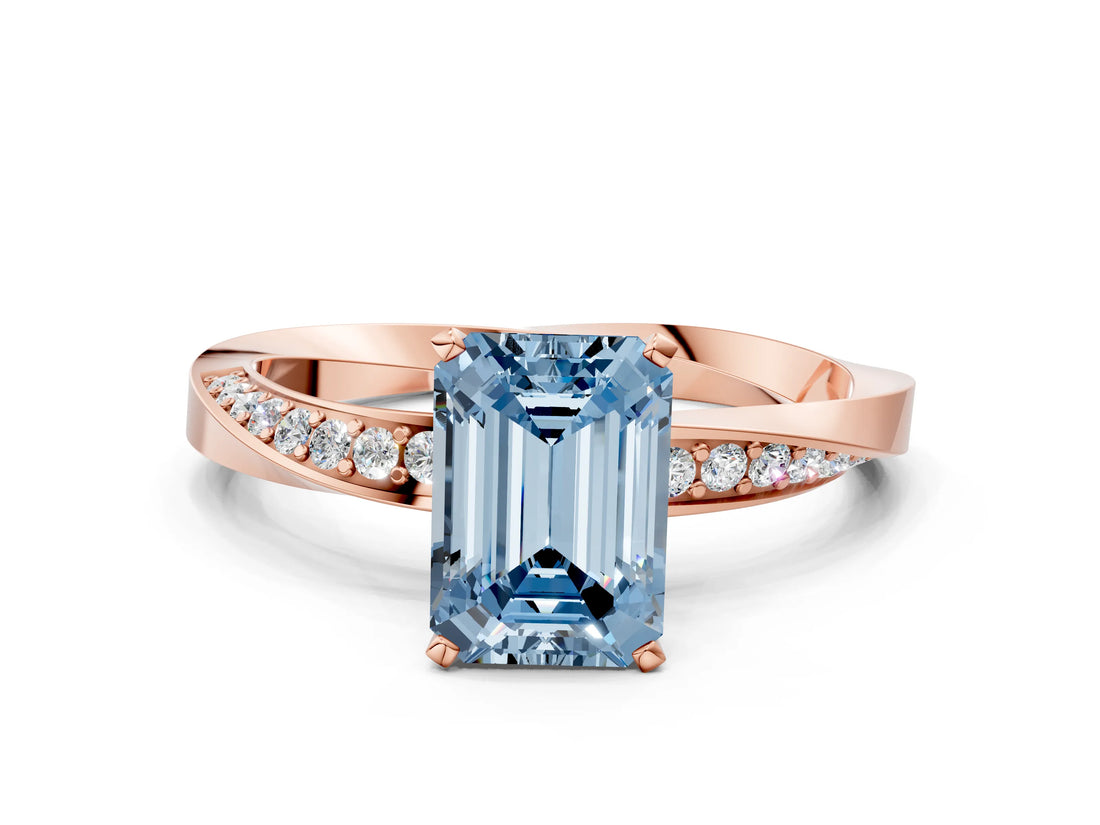 Rose gold Fancy Blue Emerald Cut Diamond Engagement Ring with Side Stone Accents and Four-Prong Setting_12