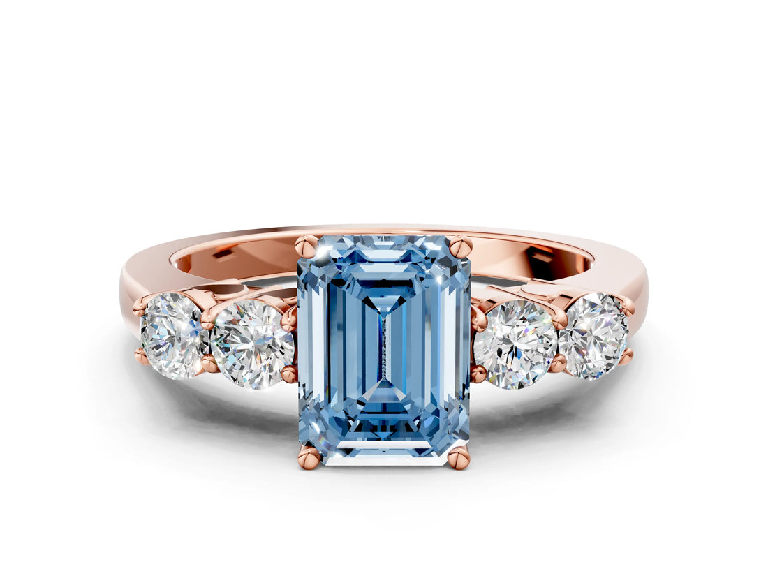 Rose gold Fancy Blue Emerald  Cut Diamond Five-Stone Prong Set White Gold Ring_32