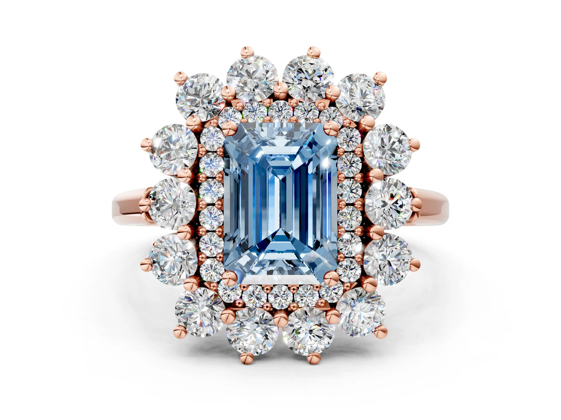 Rose gold Fancy Blue Emerald Cut Diamond Floral Double Halo Engagement Ring with Prong Setting_24