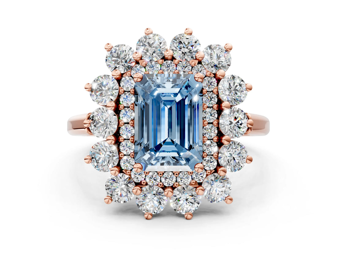Rose gold Fancy Blue Emerald Cut Diamond Floral Double Halo Engagement Ring with Prong Setting_60