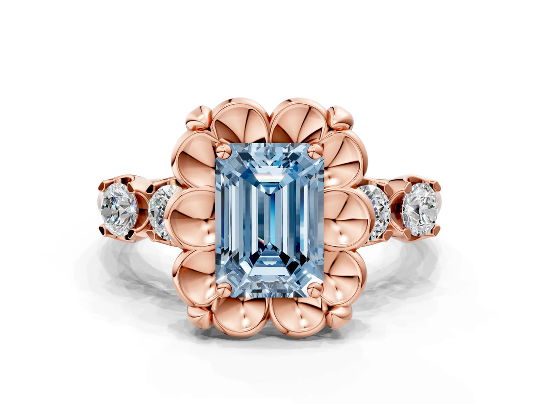 Rose gold Fancy Blue Emerald  Cut Diamond Floral Halo Engagement Ring with Shared Prong Setting 2