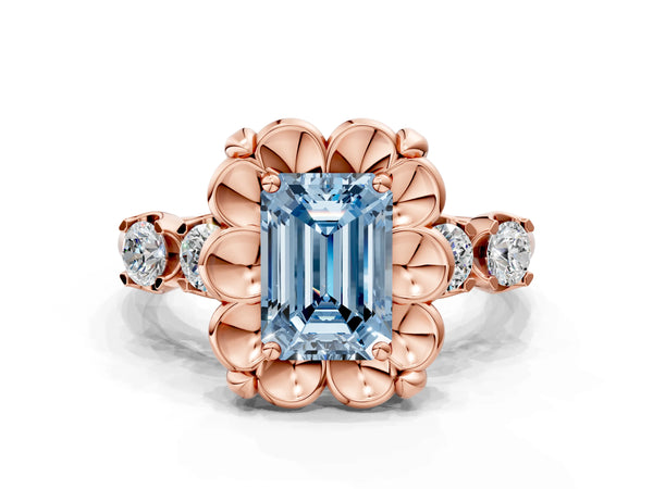 Rose gold Fancy Blue Emerald  Cut Diamond Floral Halo Engagement Ring with Shared Prong Setting