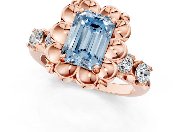 Rose gold Fancy Blue Emerald  Cut Diamond Floral Halo Engagement Ring with Shared Prong Setting