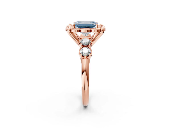 Rose gold Fancy Blue Emerald  Cut Diamond Floral Halo Engagement Ring with Shared Prong Setting