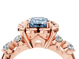 Rose gold Fancy Blue Emerald  Cut Diamond Floral Halo Engagement Ring with Shared Prong Setting