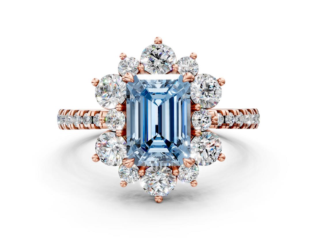 Rose gold Fancy Blue Emerald  Cut Diamond Floral Halo Pave Band with Prong Setting_37