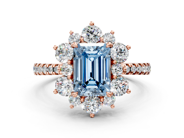 Rose gold Fancy Blue Emerald  Cut Diamond Floral Halo Pave Band with Prong Setting