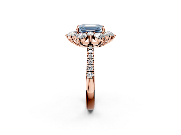 Rose gold Fancy Blue Emerald  Cut Diamond Floral Halo Pave Band with Prong Setting