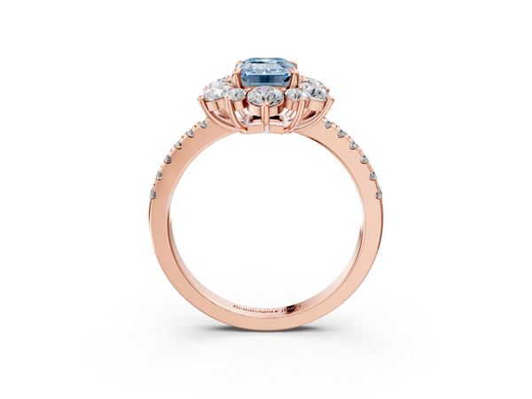 Rose gold Fancy Blue Emerald  Cut Diamond Floral Halo Pave Band with Prong Setting