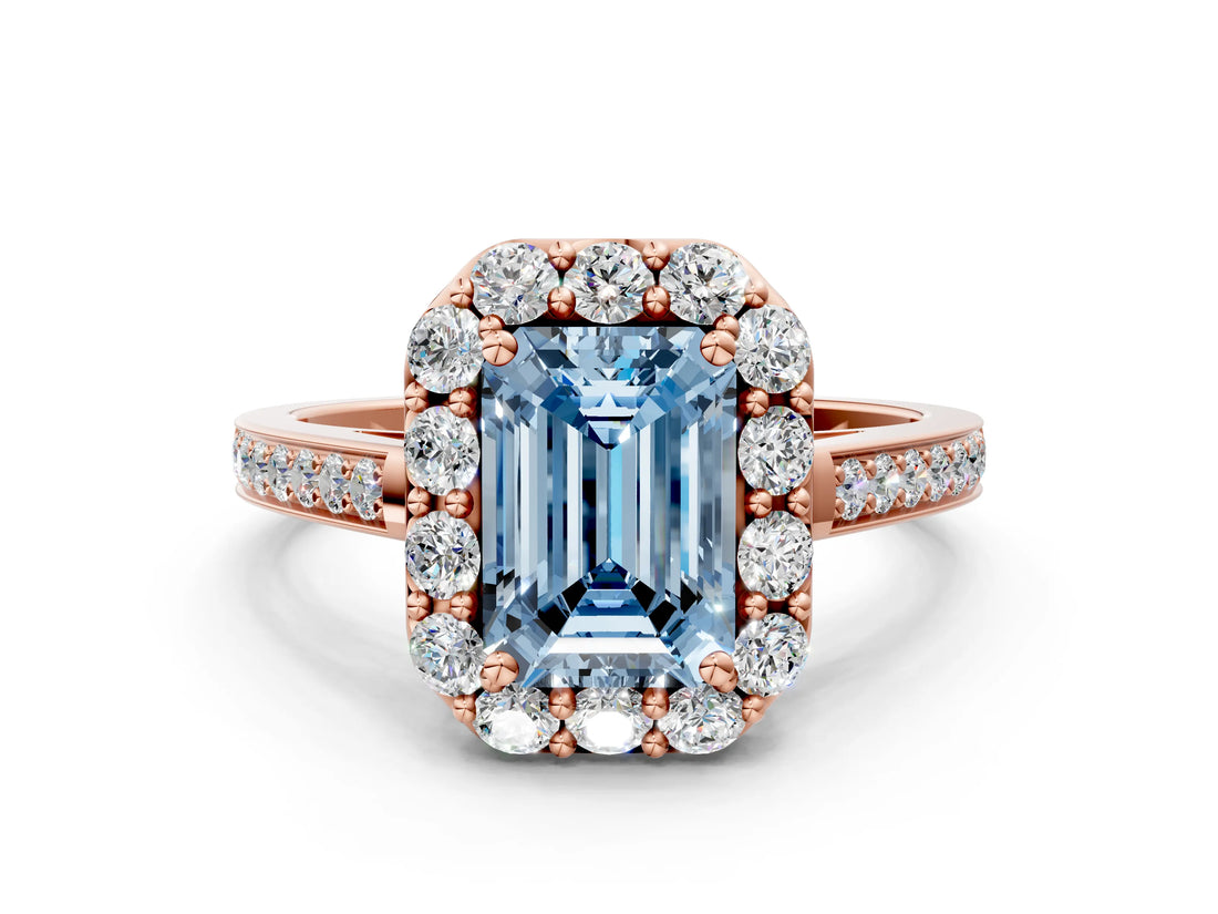 Rose gold Fancy Blue Emerald Cut Diamond Floral Halo Ring with Pavé Band and Prong Setting_3