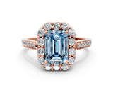 Rose gold Fancy Blue Emerald Cut Diamond Floral Halo Ring with Pavé Band and Prong Setting_3