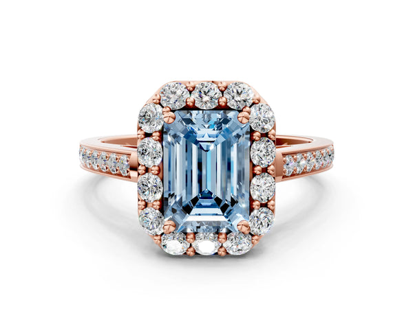 Rose gold Fancy Blue Emerald Cut Diamond Floral Halo Ring with Pavé Band and Prong Setting